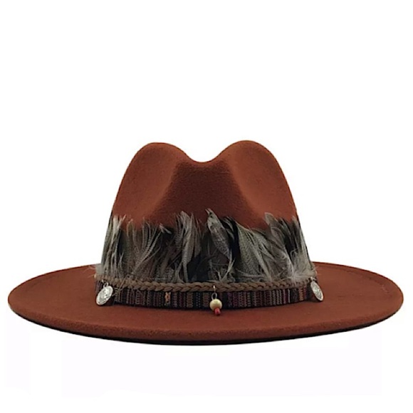 WIDE BRIM PANAMA WOOL FEATHER HAT - Picture 1 of 4